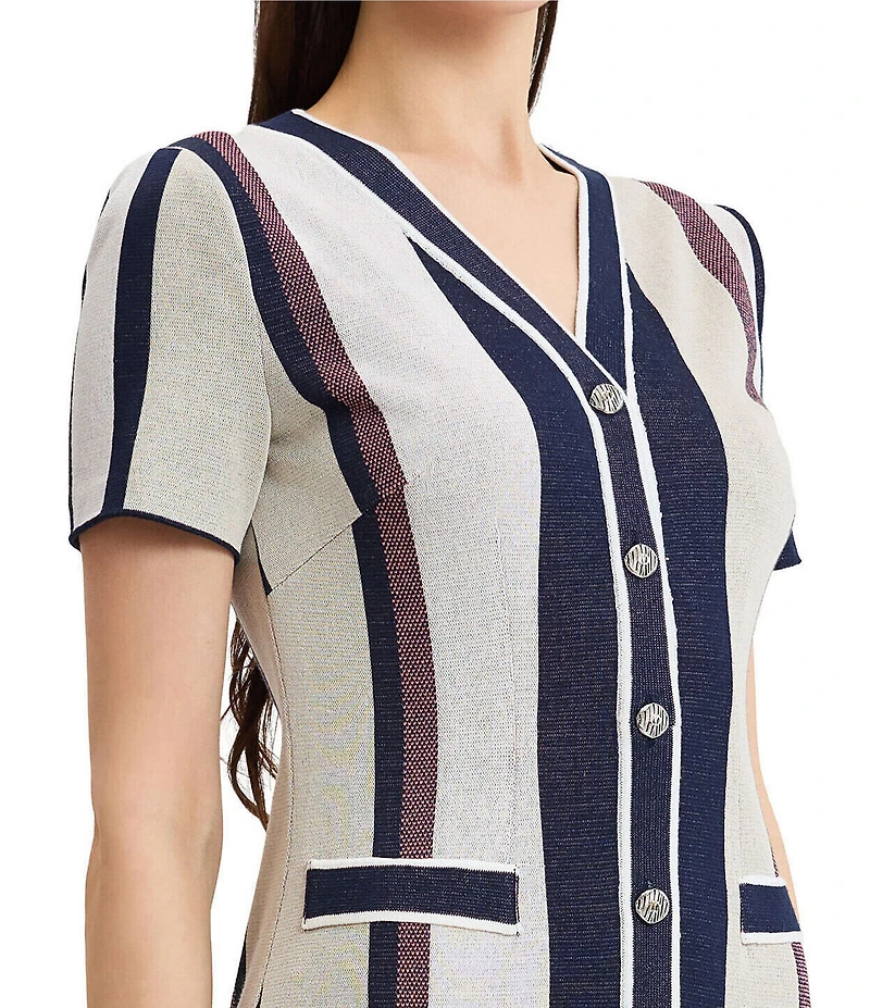 Ming Wang Petite Stripe Soft Knit V-Neck Short Sleeve Button Front Dress