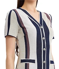 Ming Wang Petite Stripe Soft Knit V-Neck Short Sleeve Button Front Dress