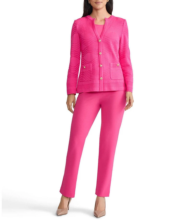 Ming Wang Petite Tonal Textured Wave Knit Split V-Neck Long Sleeve Cardigan