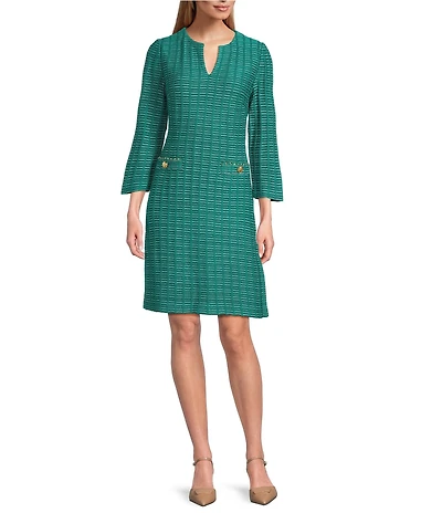 Ming Wang Petite Tweed Ottoman Knit V-Neck Bracelet Sleeve Sheath Midi Dress