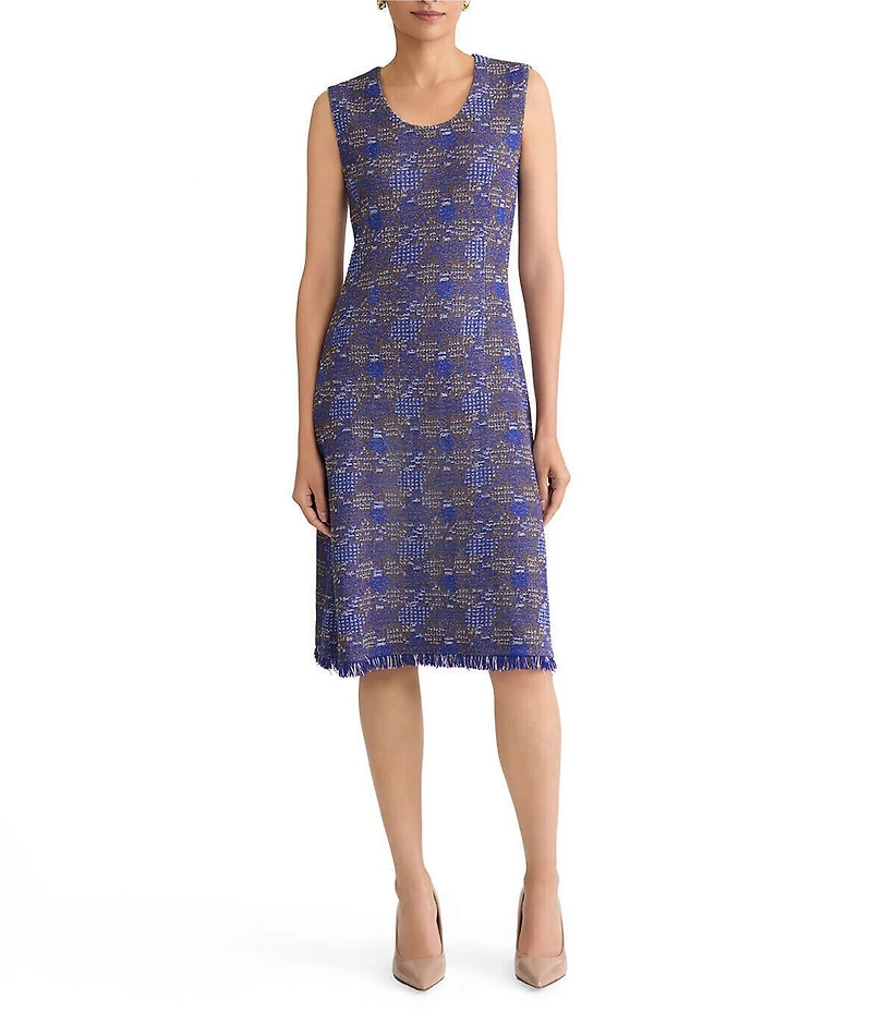Ming Wang Petite Tweed Scoop Neck Sleeveless Fringe Sheath Dress
