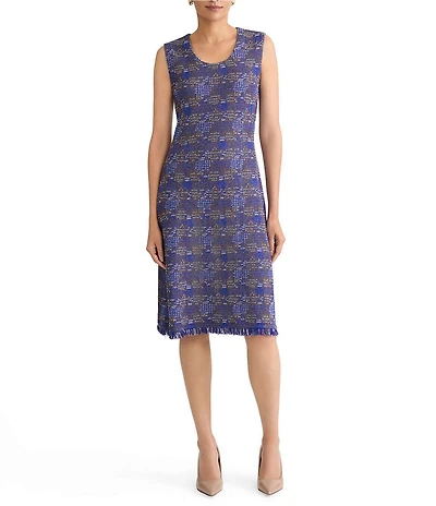 Ming Wang Petite Tweed Scoop Neck Sleeveless Fringe Sheath Dress