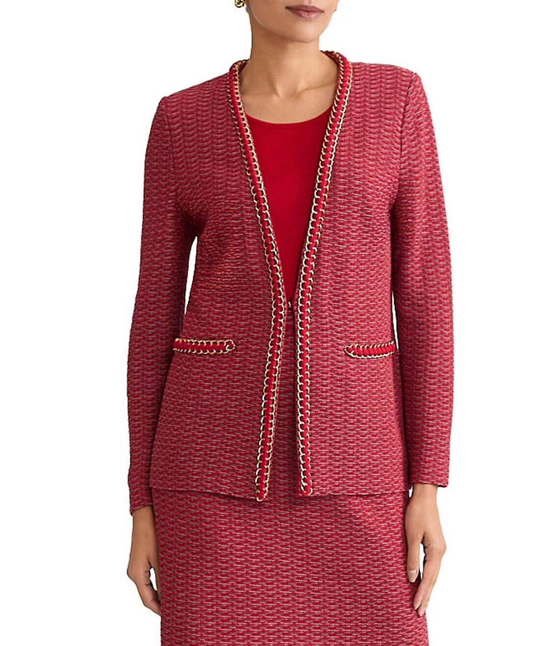 Ming Wang Petite Whipstitch Chain Trim Knit Long Sleeve Jacket