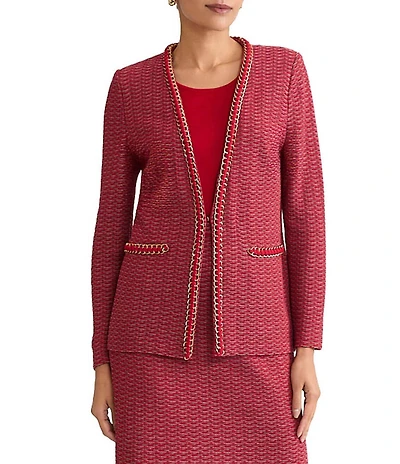 Ming Wang Petite Whipstitch Chain Trim Knit Long Sleeve Jacket