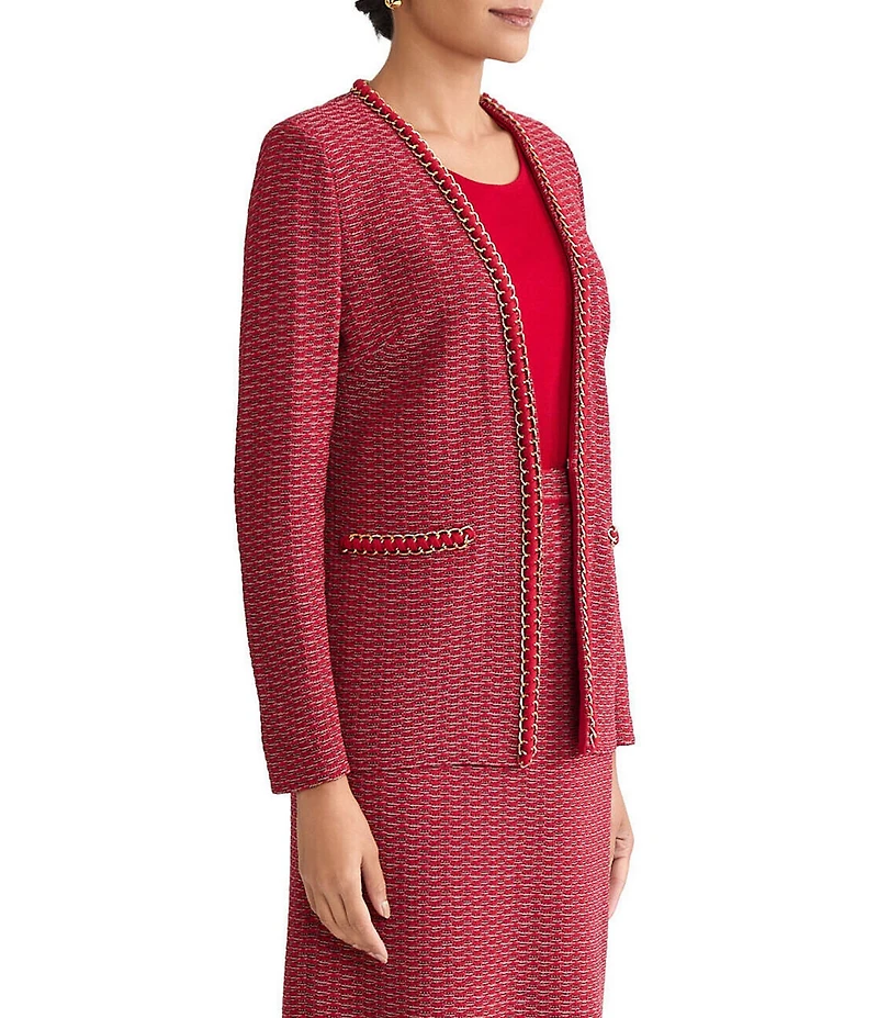 Ming Wang Petite Whipstitch Chain Trim Knit Long Sleeve Jacket