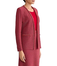 Ming Wang Petite Whipstitch Chain Trim Knit Long Sleeve Jacket