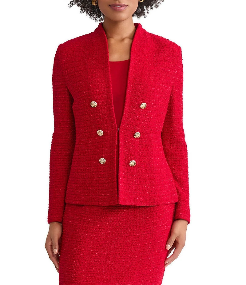 Ming Wang Petite x Tanya Foster Tailored Tonal Eyelash Tweed Knit Long Sleeve Jacket