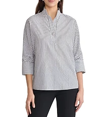 Ming Wang Pinstripe Stand Collar V-Neck 3/4 Sleeve Blouse