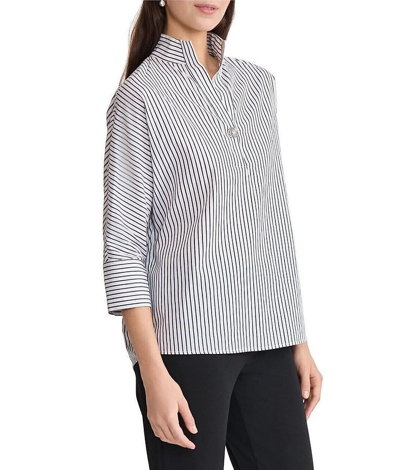 Ming Wang Pinstripe Stand Collar V-Neck 3/4 Sleeve Blouse