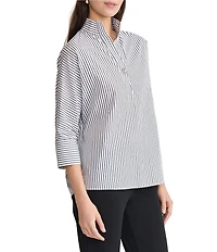 Ming Wang Pinstripe Stand Collar V-Neck 3/4 Sleeve Blouse