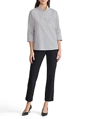 Ming Wang Pinstripe Stand Collar V-Neck 3/4 Sleeve Blouse