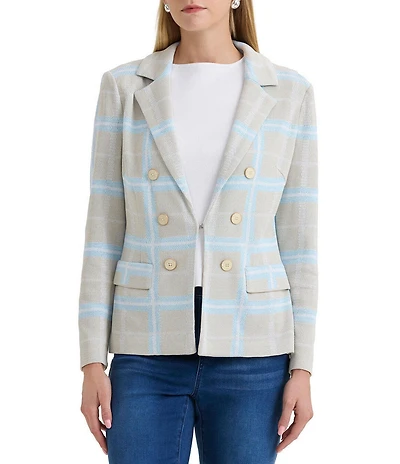 Ming Wang Plaid Knit Notch Lapel Long Sleeve Blazer