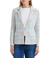 Ming Wang Plaid Knit Notch Lapel Long Sleeve Blazer