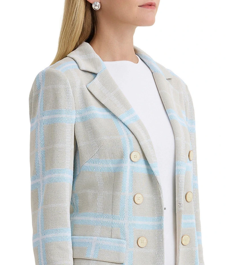 Ming Wang Plaid Knit Notch Lapel Long Sleeve Blazer
