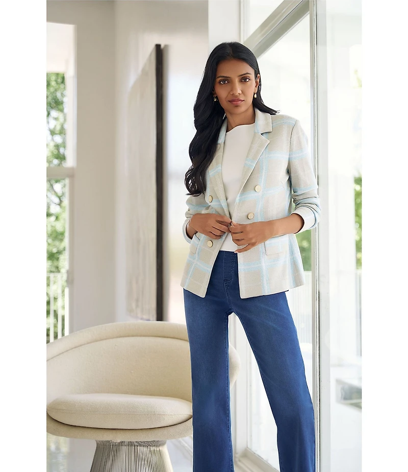 Ming Wang Plaid Knit Notch Lapel Long Sleeve Blazer