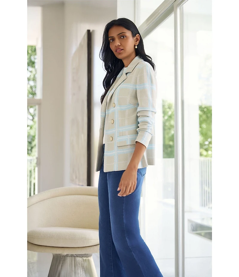 Ming Wang Plaid Knit Notch Lapel Long Sleeve Blazer