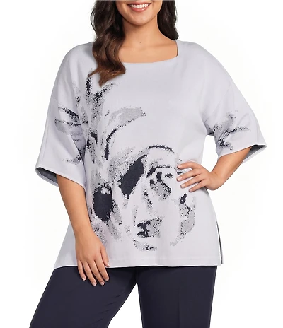 Ming Wang Plus Abstract Print Soft Knit Square Neck Elbow Sleeve Tunic