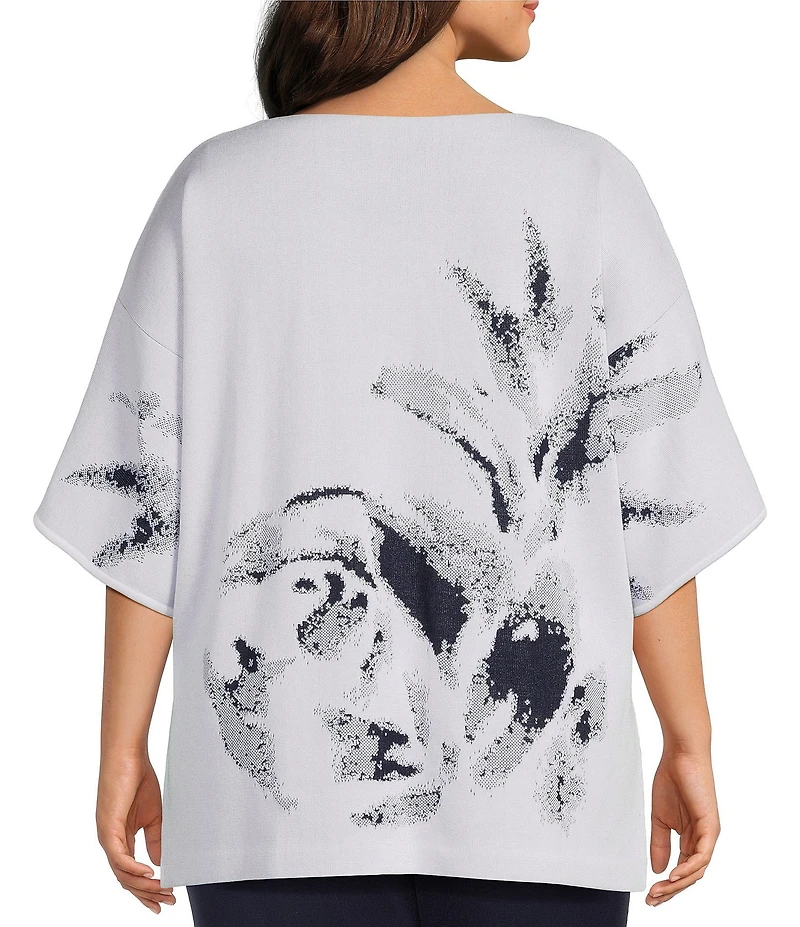 Ming Wang Plus Size Abstract Print Soft Knit Square Neck Elbow Sleeve Tunic