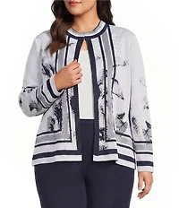 Ming Wang Plus Abstract Two-Tone Knit Stand Collar Long Sleeve Jacket