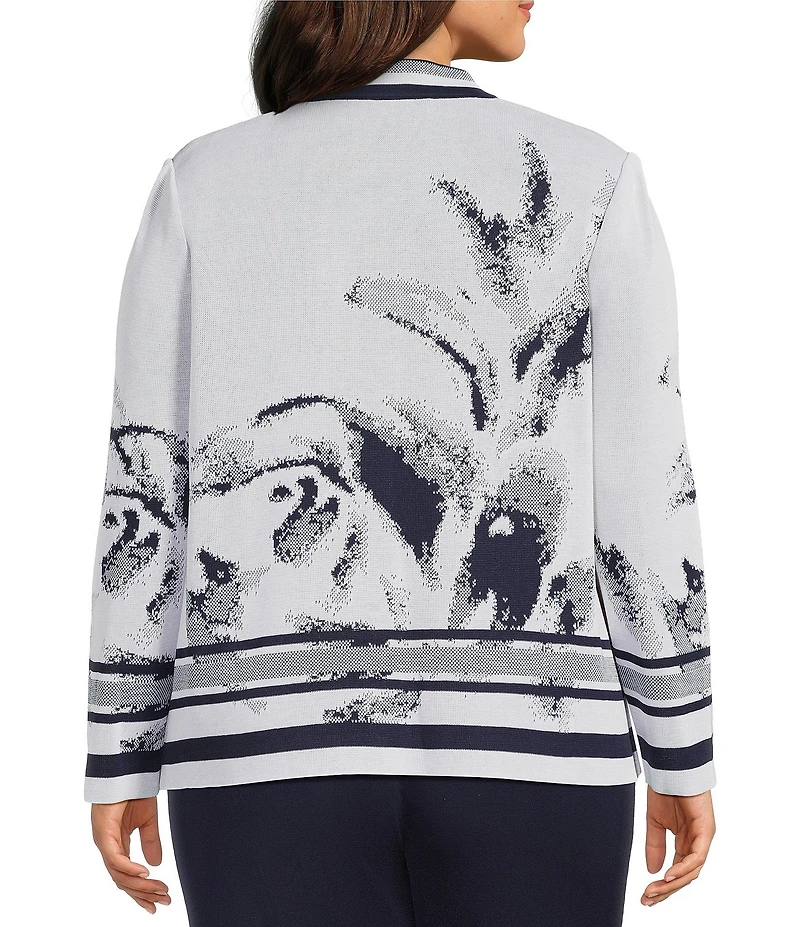 Ming Wang Plus Abstract Two-Tone Knit Stand Collar Long Sleeve Jacket