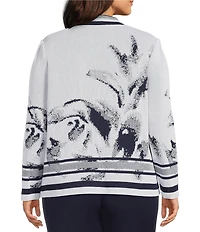 Ming Wang Plus Abstract Two-Tone Knit Stand Collar Long Sleeve Jacket