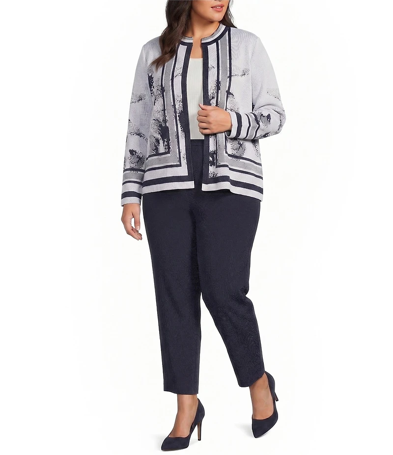 Ming Wang Plus Abstract Two-Tone Knit Stand Collar Long Sleeve Jacket