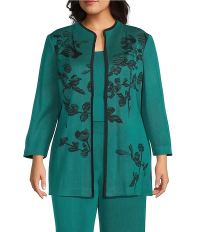 Ming Wang Plus Amica Floral Jacquard Knit Mandarin Collar Bracelet Sleeve Jacket