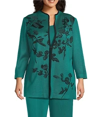 Ming Wang Plus Amica Floral Jacquard Knit Mandarin Collar Bracelet Sleeve Jacket