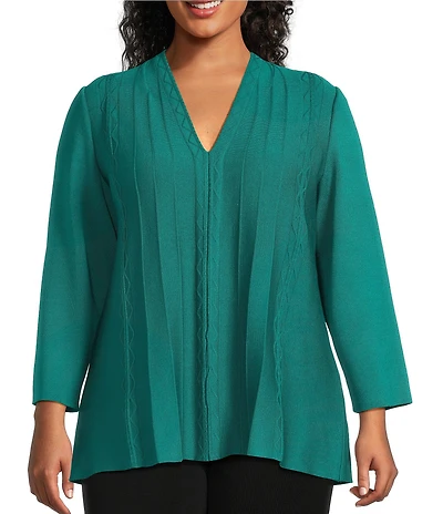 Ming Wang Plus Aria Tonal Multi-Stitch Knit V-Neck Bracelet Sleeve Tunic