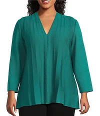 Ming Wang Plus Aria Tonal Multi-Stitch Knit V-Neck Bracelet Sleeve Tunic