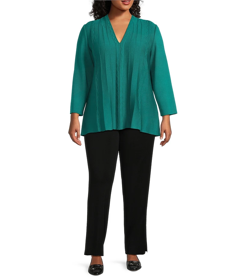 Ming Wang Plus Aria Tonal Multi-Stitch Knit V-Neck Bracelet Sleeve Tunic