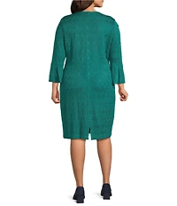 Ming Wang Plus Aria Tonal Multi-Stitch Round Neck 3/4 Flare Sleeve Sheath Dress