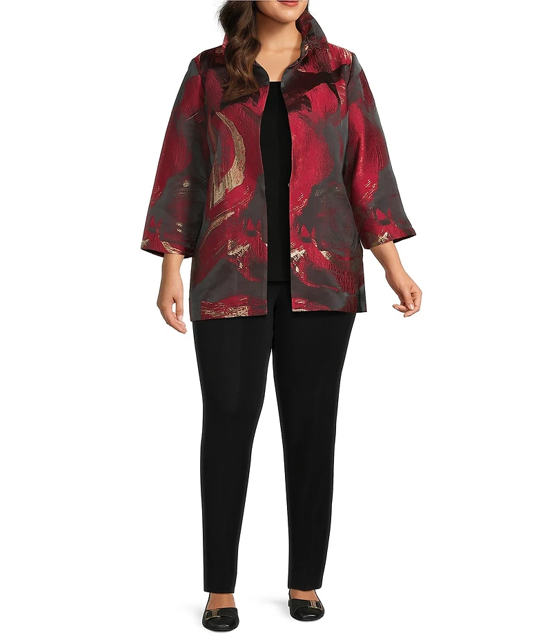 Ming Wang Plus Brushstrok Jacquard Ruffle Collar Bracelet Sleeve Jacket