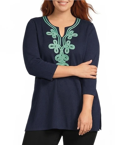 Ming Wang Plus Classic Soutache Soft Knit Split V-Neck 3/4 Sleeve Tunic
