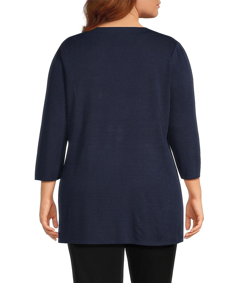 Ming Wang Plus Classic Soutache Soft Knit Split V-Neck 3/4 Sleeve Tunic