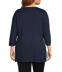 Ming Wang Plus Classic Soutache Soft Knit Split V-Neck 3/4 Sleeve Tunic