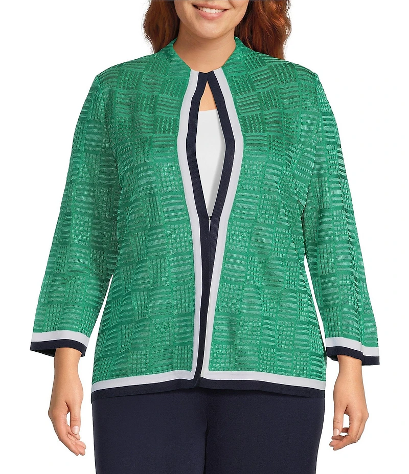 Ming Wang Plus Contrast Trim Knit Stand Collar Bracelet Sleeve Jacket