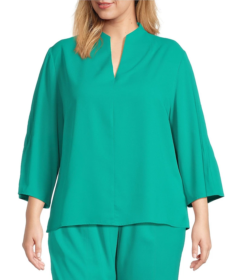 Ming Wang Plus Crepe Pintuck Mandarin Collar V-Neck 3/4 Sleeve Blouse