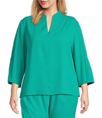 Ming Wang Plus Crepe Pintuck Mandarin Collar V-Neck 3/4 Sleeve Blouse