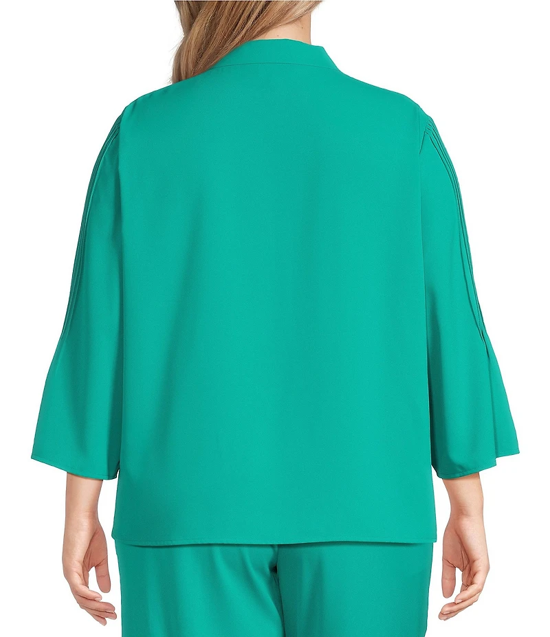 Ming Wang Plus Crepe Pintuck Mandarin Collar V-Neck 3/4 Sleeve Blouse