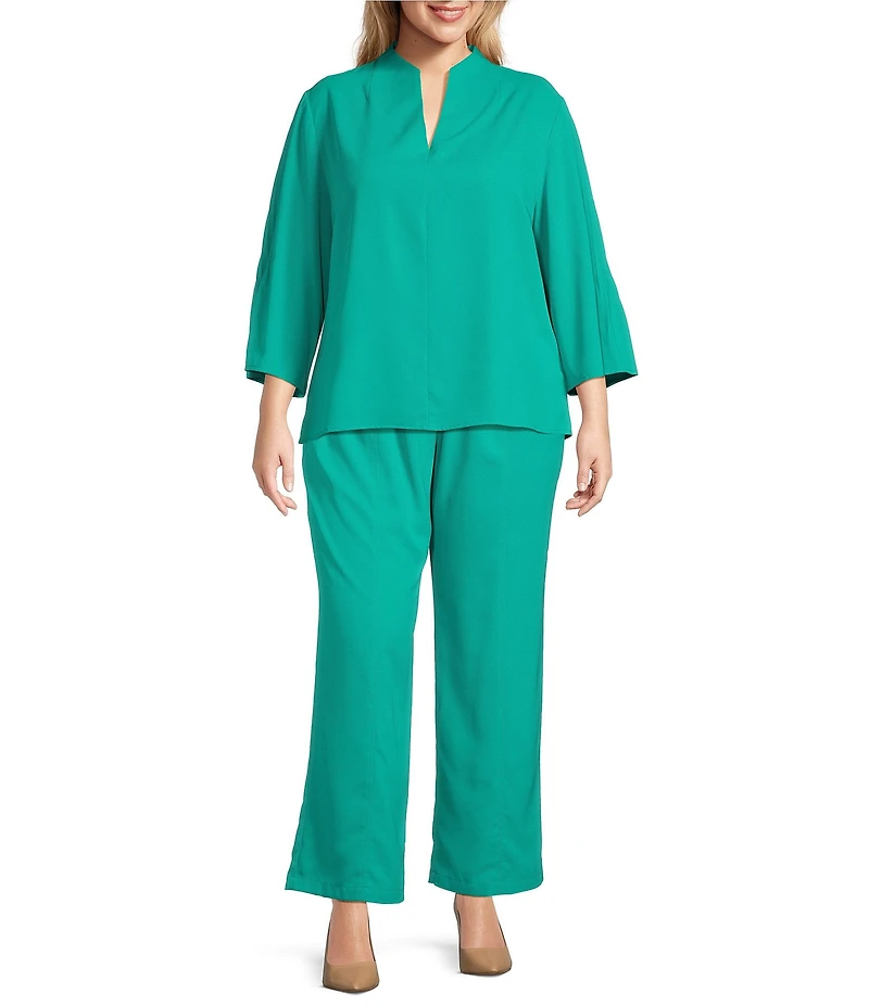 Ming Wang Plus Crepe Pintuck Mandarin Collar V-Neck 3/4 Sleeve Blouse