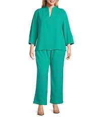 Ming Wang Plus Crepe Pintuck Mandarin Collar V-Neck 3/4 Sleeve Blouse