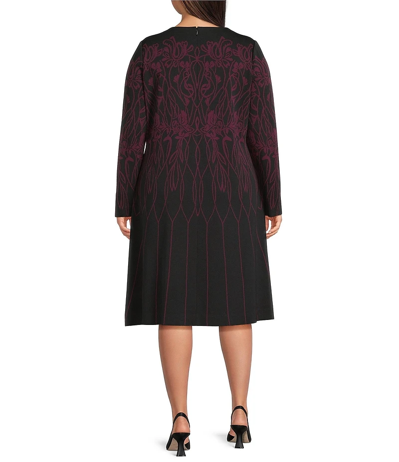 Ming Wang Plus Floral Jacquard Soft Knit Crew Neck Long Sleeve Flared Midi Dress
