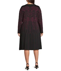 Ming Wang Plus Floral Jacquard Soft Knit Crew Neck Long Sleeve Flared Midi Dress
