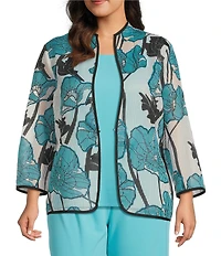 Ming Wang Plus Floral Sheer Floral Stripe Stand Collar Bracelet Sleeve Jacket