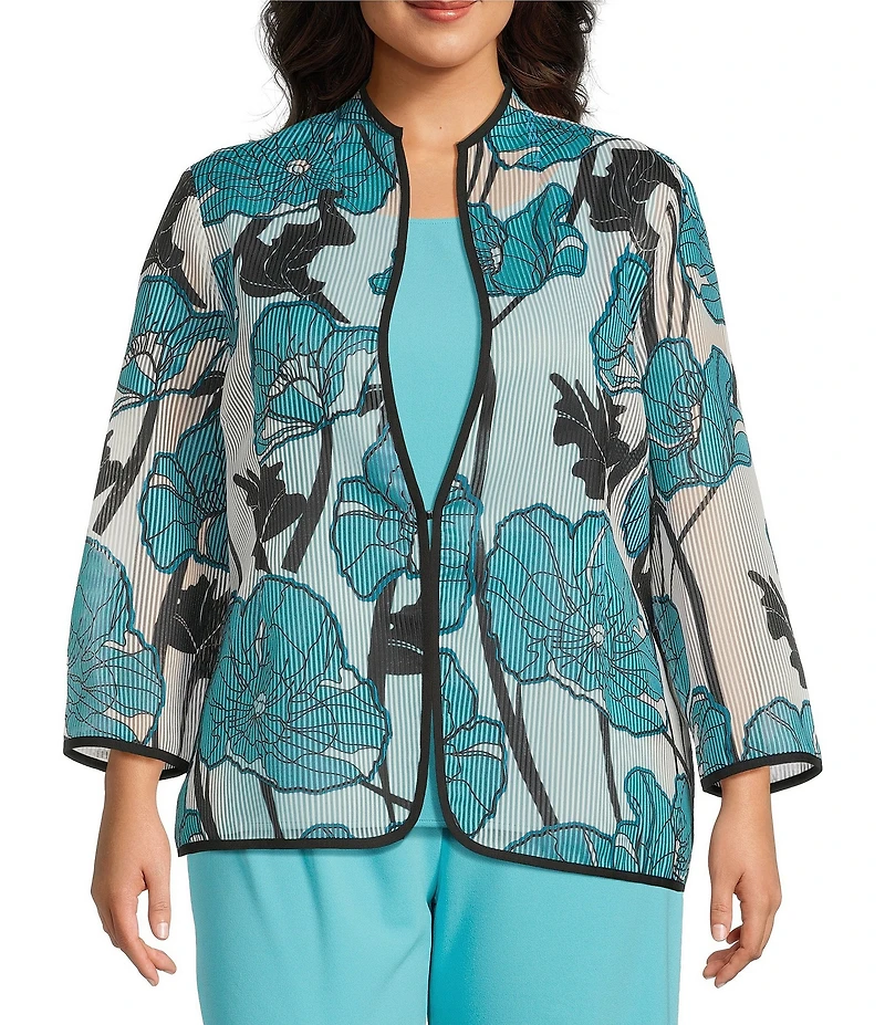 Ming Wang Plus Floral Sheer Floral Stripe Stand Collar Bracelet Sleeve Jacket