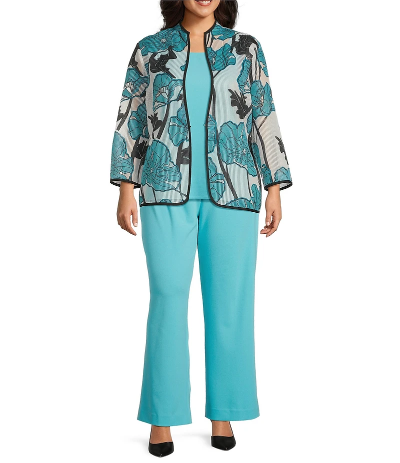 Ming Wang Plus Floral Sheer Floral Stripe Stand Collar Bracelet Sleeve Jacket