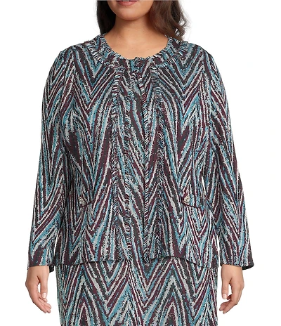 Ming Wang Plus Lurex Fringe Trim Jacquard Knit Round Neck Long Sleeve Jacket