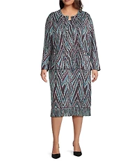 Ming Wang Plus Lurex Fringe Trim Jacquard Knit Round Neck Long Sleeve Jacket