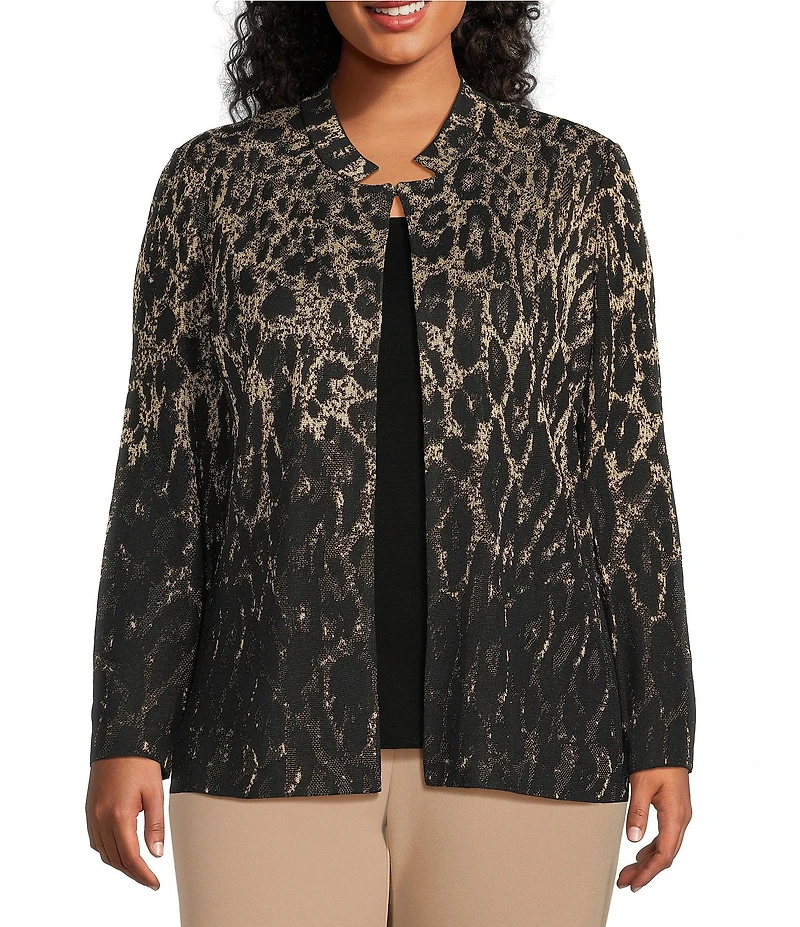 Ming Wang Plus Lurex Leopard Print Jacquard Knit Notch Long Sleeve Jacket